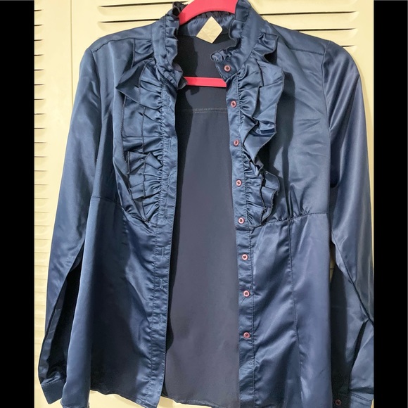 WOMAN BLUE BLOUSE LONG SLEEVES RUFFLED NECKLINE HIGH NECK BUTTONS SIZE M - Picture 6 of 16